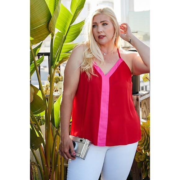 Plus Size Sleeveless V Neck Back Button Color Block Cami Top - Picture 2 of 9